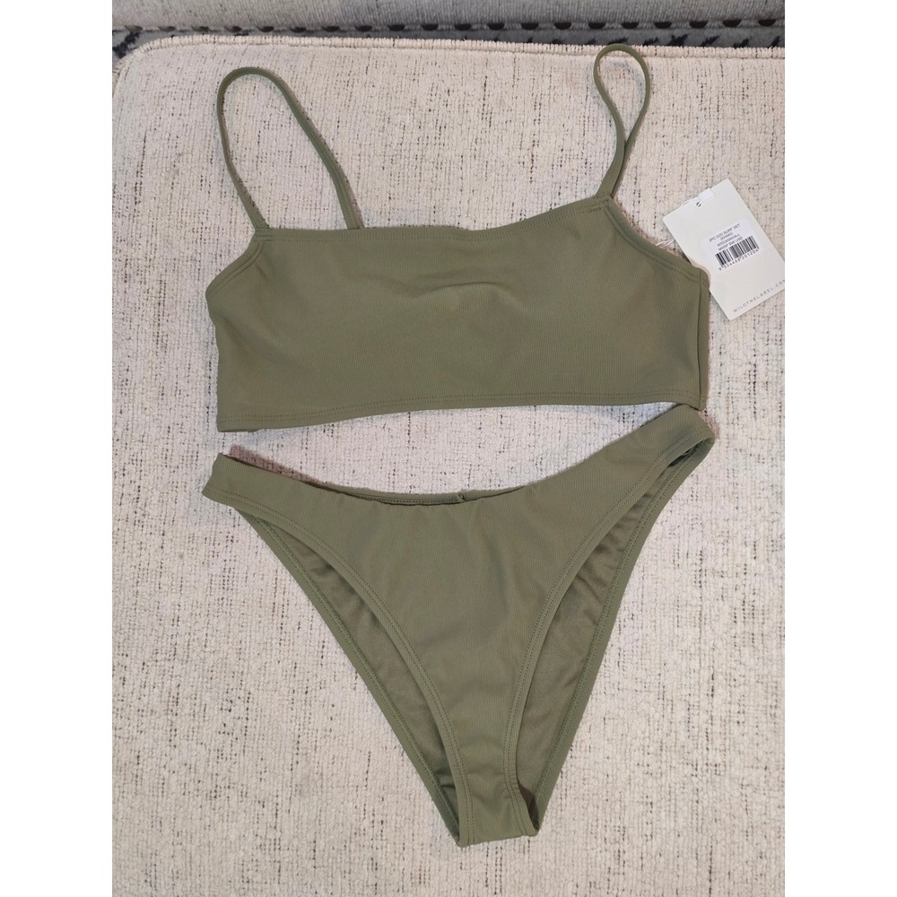 Wilo the Label 2PC Rib Surf Set Olive Green Bikini Square Neck Adjustable Straps